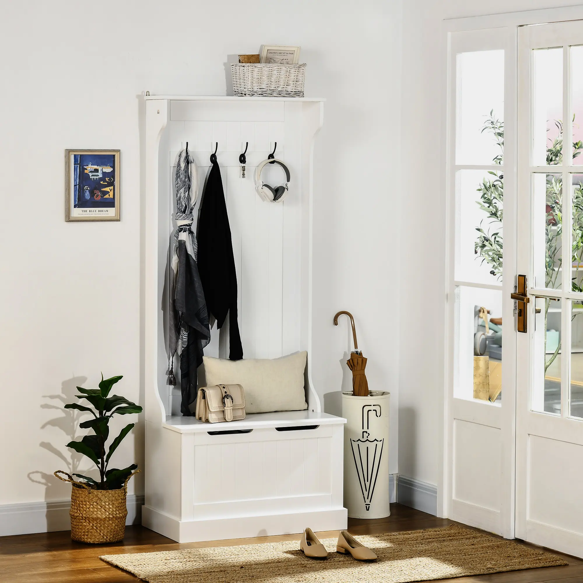 Multifunctional white entryway bench integrated coat rack and storage space ideal for arranging items in family hallway