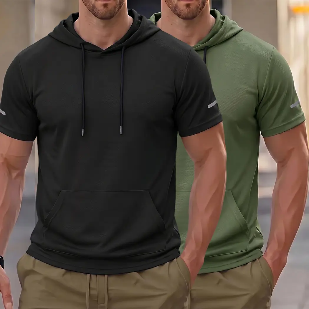 Men’s short-sleeve hooded T-shirt with kangaroo pocket and reflective details, athletic workout top
