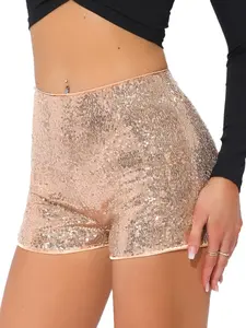 INSPIRE CHIC Women's Sequin Shorts Midrise Solid Zipper Elastic Waist Sparkle Party Night Out Shorts Rose Gold
