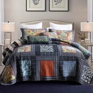 3pcs Cotton Bedspread Quilt Set Bedding Set with Real Stitched Embroidery Patchwork Floral Bohemian Paisley Grid Pattern for All Season