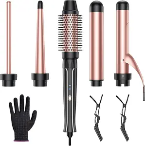 Curling Wand Set, Hair Curler Roller with Curling Brush, 4 Interchangeable Ceramic Wands (0.35-1.25”), Heat Protective Glove & 2 Clips for Girls and Women Comfort