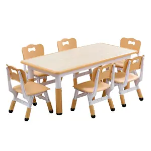 7PCS Kids Table and Chairs Set, Height Adjustable Toddler Table with 6 Chairs for Boys and Girls Ages 2-10, Children Multi-Activity Study Table w/Non-Slip Legs, Graffiti Desktop for Home/Daycares，Natural