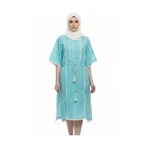 Aqua Blue Printed Kaftan Dress with Tassel Tie #KF-10 Sizes S/M/L