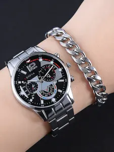 Silver Color Men's Stainless Steel Business Fashion Watch, Quartz Analog Dashboard, Hardlex Glass, Snap Button, All Seasons Gift
