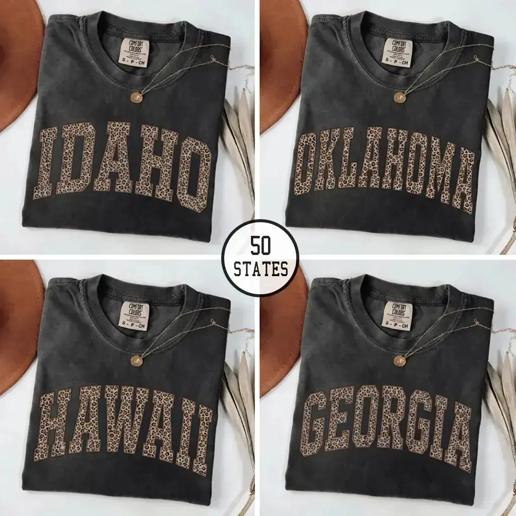 Comfort Colors Leopard All 50 States T-Shirt, Custom State Name Graphic Tee, USA States Shirt, College Leopard Shirt, Personalized Gift for Her, State Pride Shirt, Cute Travel Souvenir Tee, Trendy Unisex Cotton Top for Women & Men