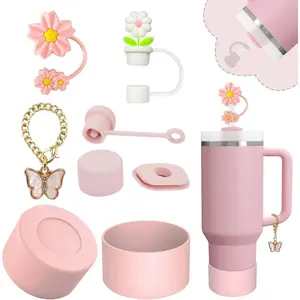Stanley Cup Accessories Set,Including 2 Pcs 0.4in Straw Cover, 1 Silicone Spill-Proof Stopper Set of 3, 1 Cute Butterfly Handle Charm, 1 Silicone Boot Fits Stanley 40&30 Oz Tumbler (Pink)