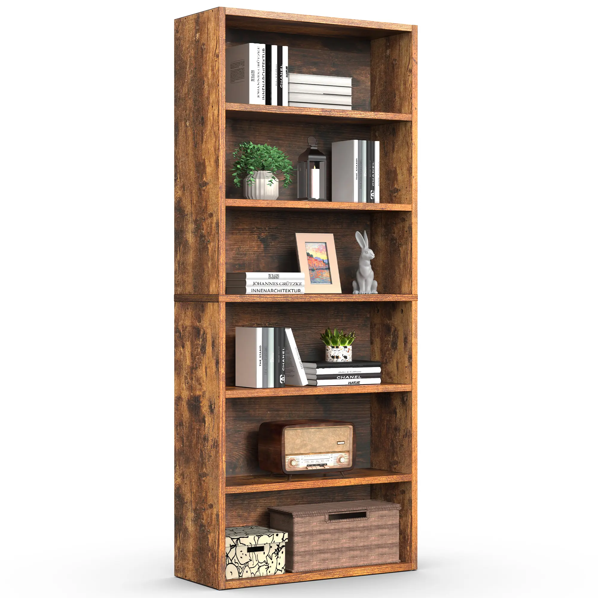 6-Tier (3/4/5/6 Tier Optional) Tall Bookcase with Adjustable Shelves, Heavy-Duty Wood Open Bookshelf , 22 Lbs Per Shelf Load Capacity, Waterproof & Scratch-Resistant MDF Storage Shelf for Living Room, Bedroom, Home Office, Library