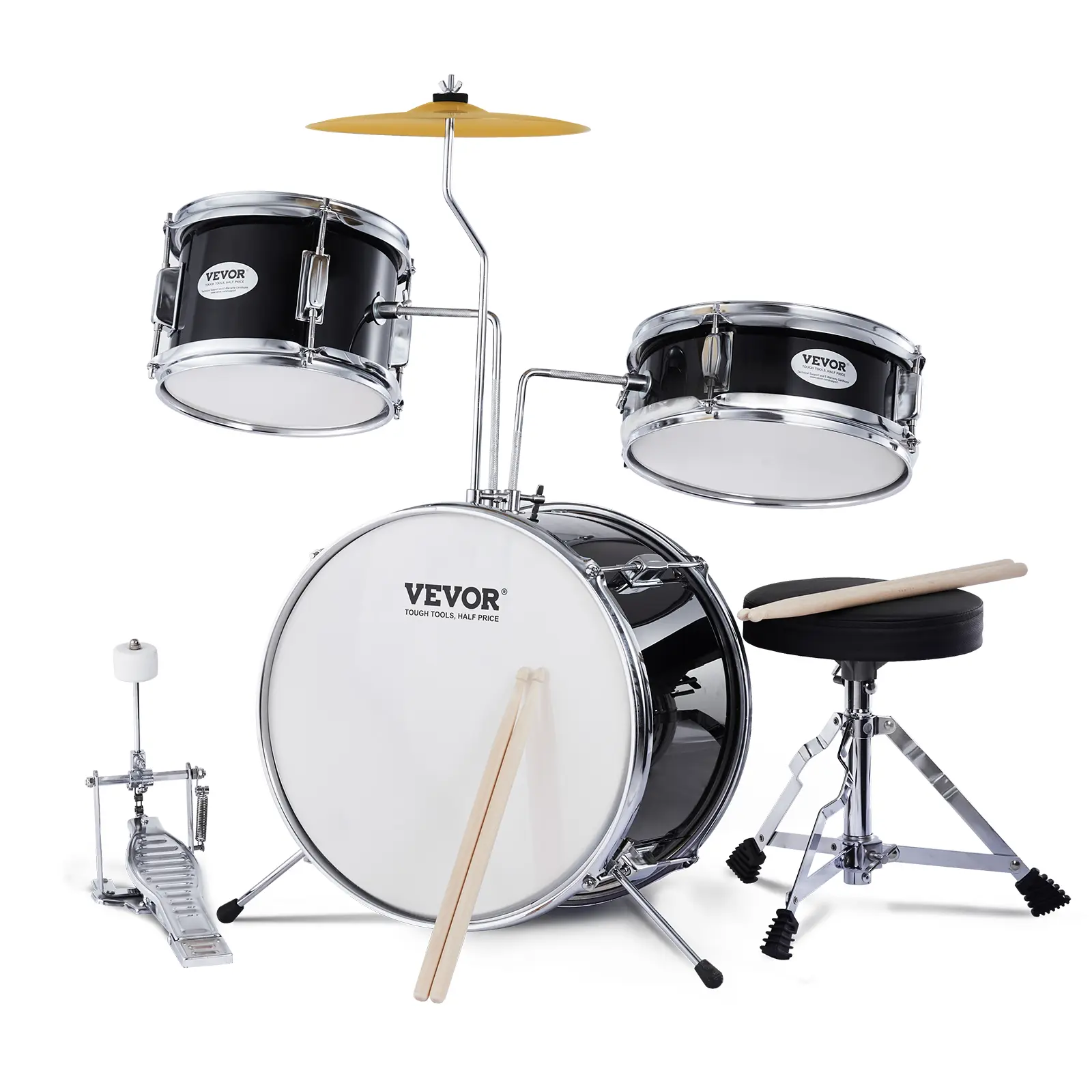 【summerfinds】VEVOR Kids Drum Set, 3-Piece, 14 in Beginner Drum Set with Adjustable Throne Cymbal Pedal Two Pairs of Drumsticks, 8'' Tom Drum 10'' Snare Drum 14'' Bass Drum, Starter Drum Kit for Child Kids, Black