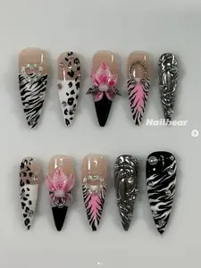Pink Black Zebra Press On Nails, 3D Flower Heart Nail Set with Chrome Detail, Long Stiletto Handmade Nails, Trendy Edgy Aesthetic TikTok Nails