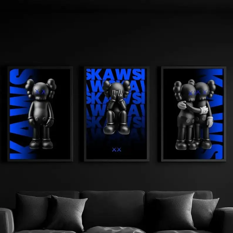 Set of 3 Black & Blue KAWS Decor Prints Home Decor Poster Unframed HD Print Home Office Decor Unique Trendy Christmas Gift