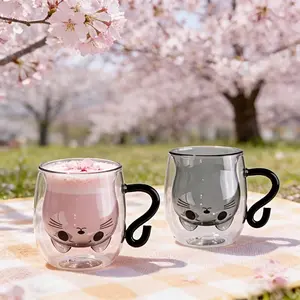 Cat Dual-Layer Cup High-Temperature Milk Cup, Handle Cat Cup, Creative Gift for Girls, Home Breakfast Glass Cup, Perfect for Coffee