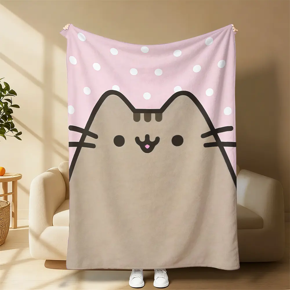 Pusheen Cat Pink Polka Dot Flannel Throw Blanket, Kawaii Chubby Cat Cozy Blanket, Ultra-Soft Warm Blanket for Couch, Bed & Snuggling, Ideal Gift for Cat Lovers, Birthdays, Holidays & Any Special Occasion