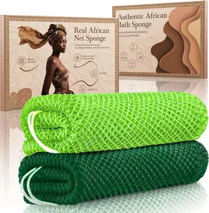 African Net Sponge Authentic 2 Pieces Gentle Exfoliating Body Scrubber Bath Sponges for All Skin Types, African Exfoliating Net Sponge with Handles Washcloth Loofah Bathing Accessories for Shower Box