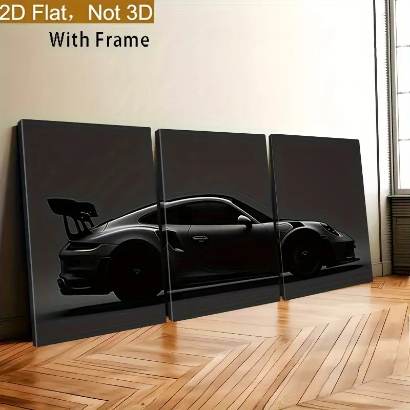 3-Piece Black Sports Car Canvas Wall Art |   Dark Monochrome Triptych Poster |   Modern Automotive Decor for Living Room, Office & Man Cave