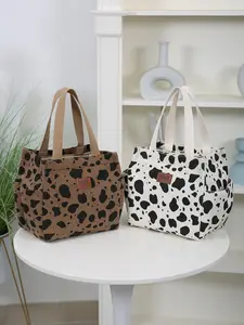 Large Capacity Cow Print Corduroy Handbag, Zippered Semi-sealed Carrying Bag, Fashionable and Simple Style Work Bag, Durable Lunch Bag, Thick Storage Bag for Daily Use