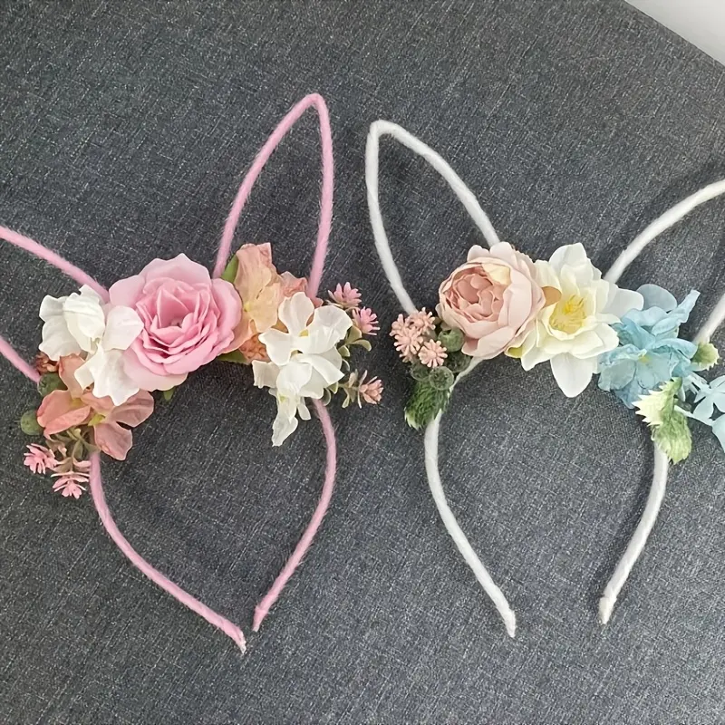 Women's Cute Single Floral Nylon Headband - Plush Bunny Ears, Purple Flower Vine, for Party Photoshoots