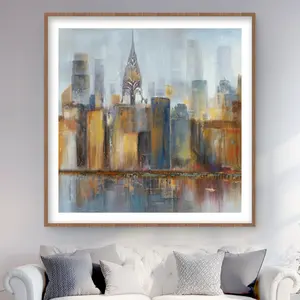 212 MAIN Blue Modern Matted Framed Photo Print Artwork, 48x48 in, Artistic Urban Cityscape with Chrysler Building, Home Decor Wall Decoration for Rooms