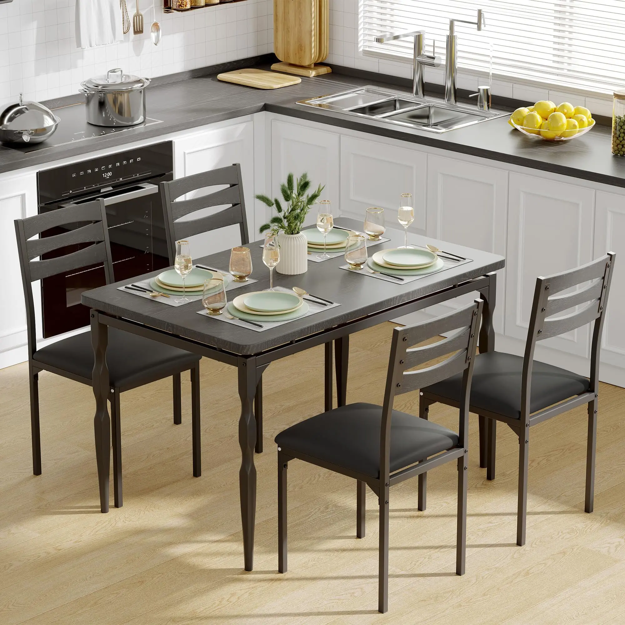 GARVEE 5 Piece Dining Table Set, Industrial Style Dining Table and Chairs Set for 4, Kitchen Table Set for Dining Room Kitchen Apartment,Black