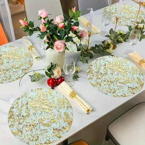 50 Disposable Table Mats Set, Round Foil Mesh Embossed Placemats, Thin Net Table Pads for Home Decor, Wedding, Birthday Party, Holiday Celebrations