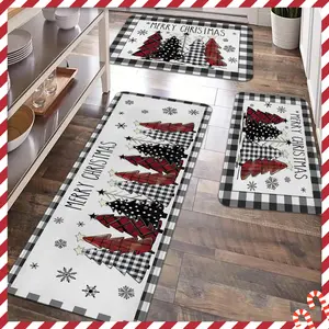 2/3pcs Christmas kitchen mat set, Kitchen Rugs Sets, black and white checkered Christmas tree entrance mat, anti slip and easy to clean carpet, suitable for kitchen, living room, laundry room holiday decoration