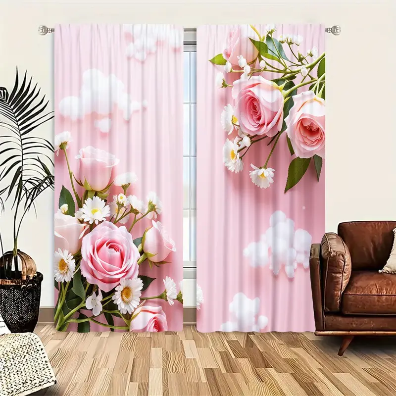 2pcs Creative Pattern Half-Blackout Curtains, Home Textile, Artistic Style, Suitable for Kitchen, Living Room, Bedroom, Bathroom, Game Room