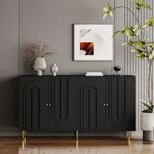 [SOIYELIFE] Modern Black Lacquered 4 Door Wooden Cabinet Sideboard Buffet Server Cabinet Storage Cabinet, for Living Room, Entryway, Hallway, Office, Kitchen and Dining Room Cool furniture