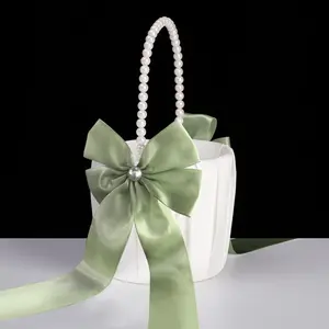 Flower Girl Baskets for Wedding With Pearl Handle, Sage Green Wedding Baskets for Flower Girls