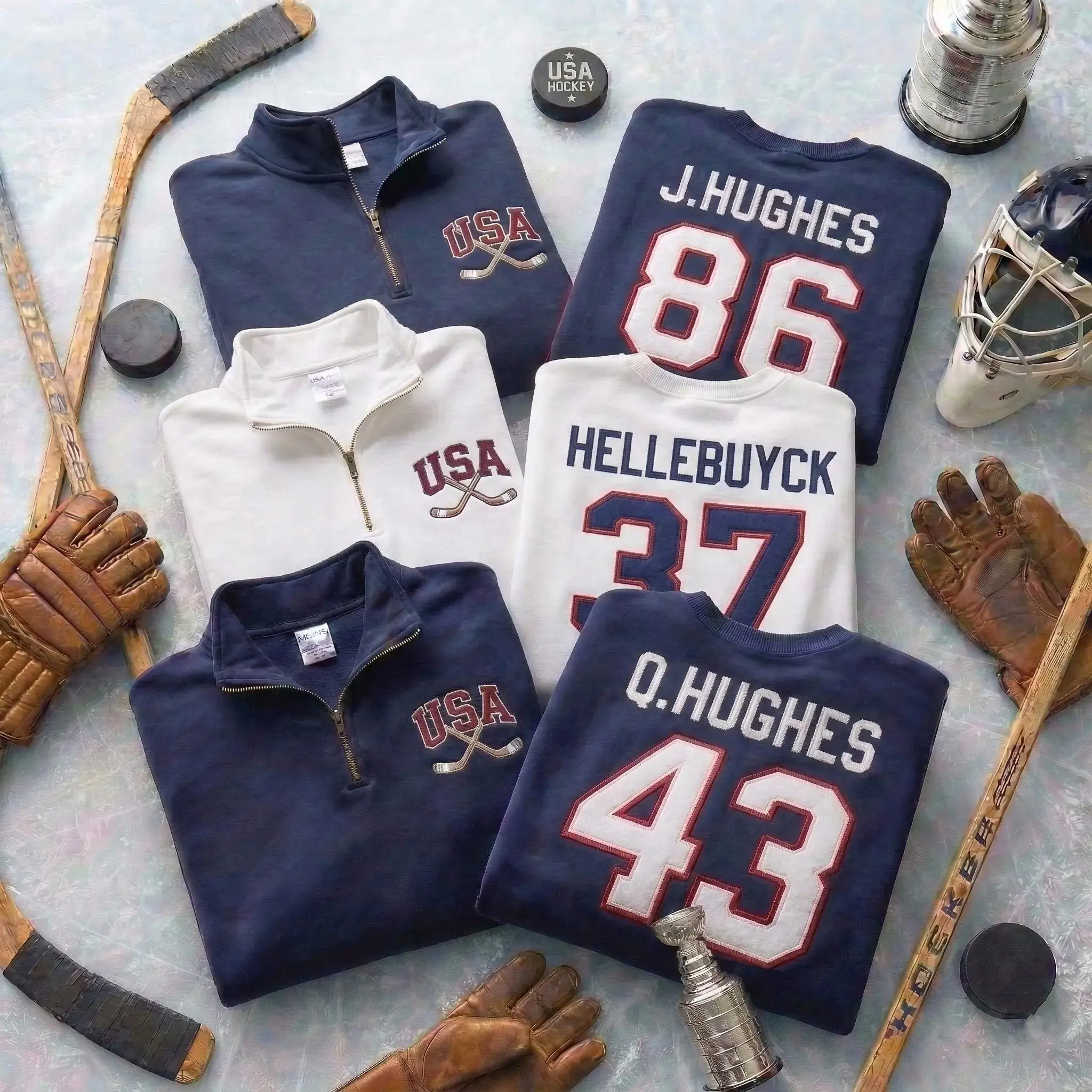 USA Hockey Embroidered Quarter Zip Sweatshirt, Patriotic USA Hockey Sweatshirt, American Hockey Fan Gift, Jack Hughes 86 Hockey Sweatshirt