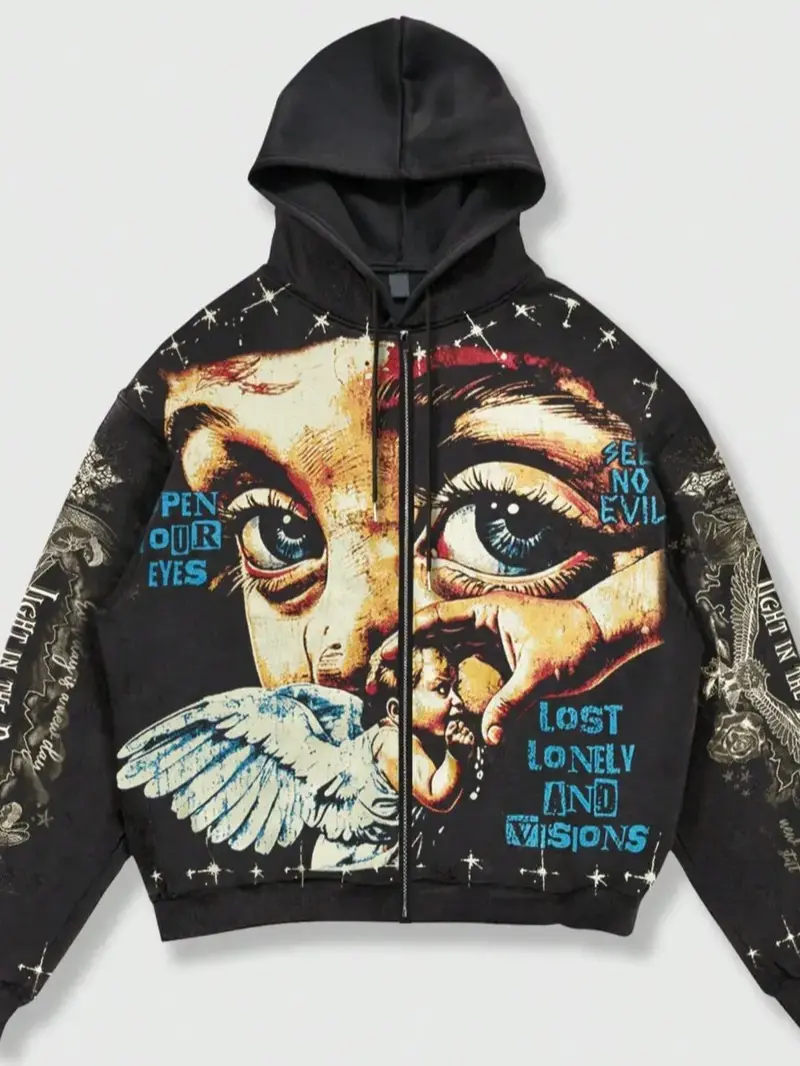 Men's Y2K Retro Vintage Streetwear, Angel Wings Graffiti Print Zip-Up Sweatshirt, Graphic Hoodie, Loose-Fit Short Jacket