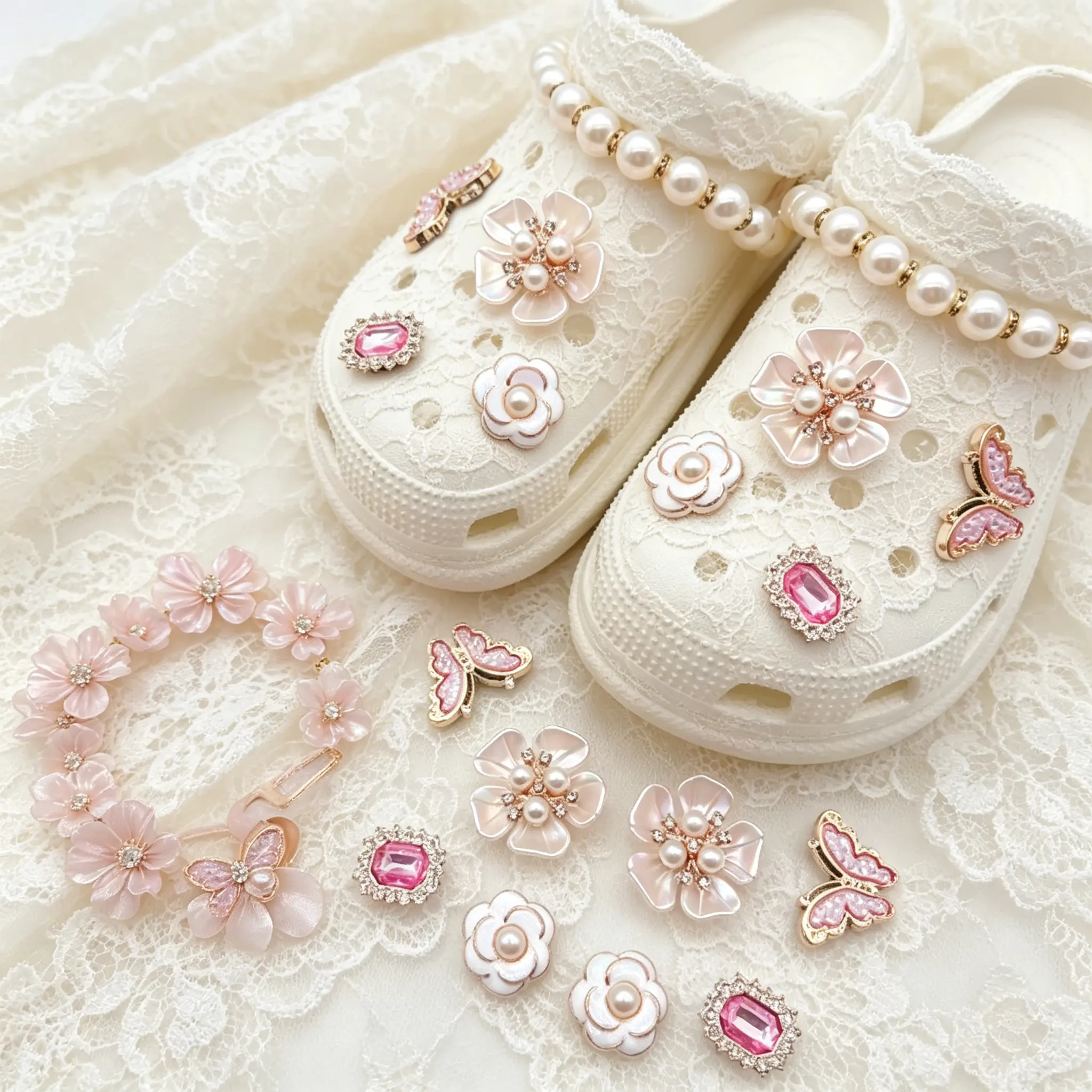 Ladies' Shiny Stylish Rhinestone-Pearl Clogs Decorative Charms, Trendy Holiday Shoe Accessories, Rhinestone Shoes Charms