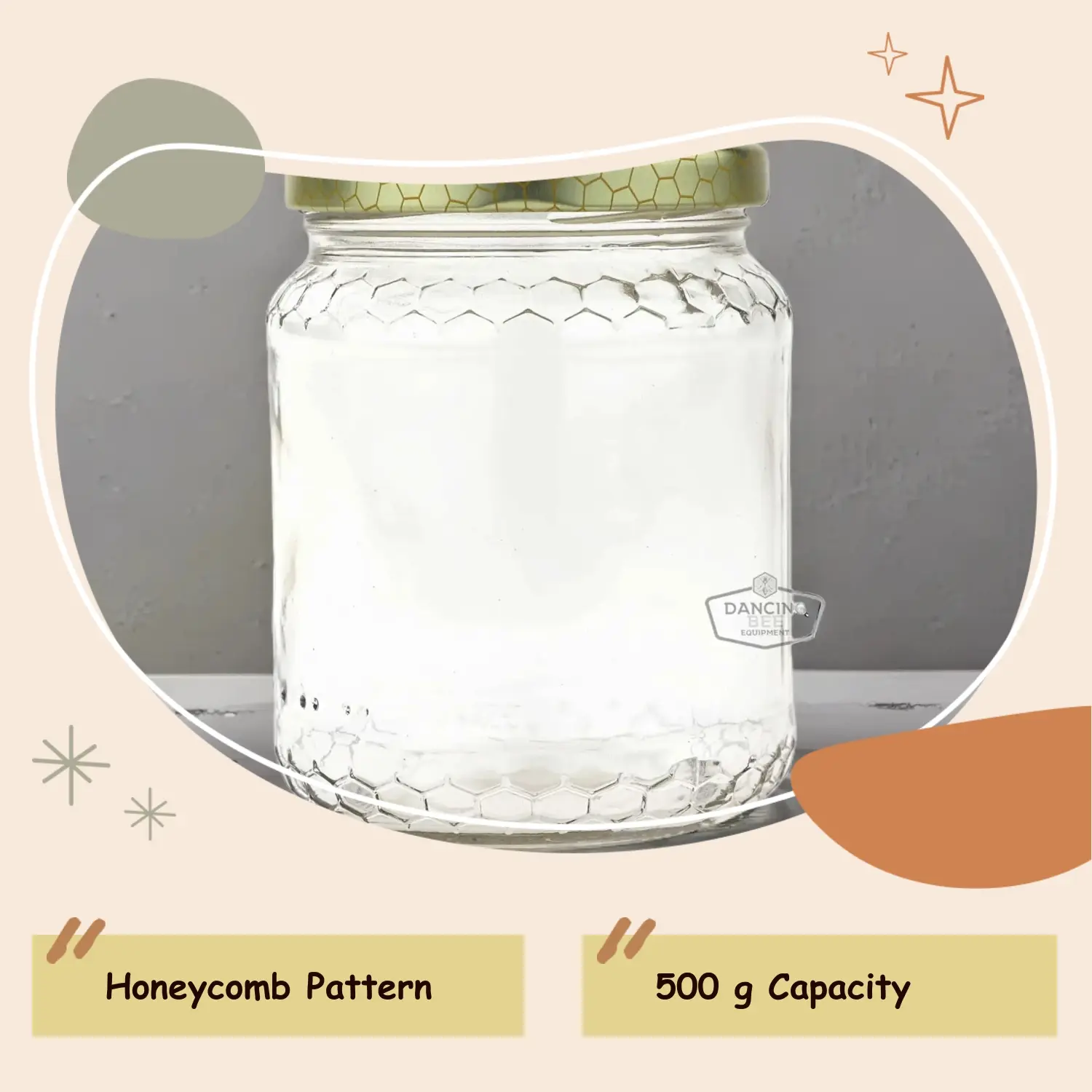 Dancing Bee Glass Honeycomb Jar 500 g | Honey Container with Honeycomb Design | 12 Jars per Case | Full Skid Available Bottles Tin