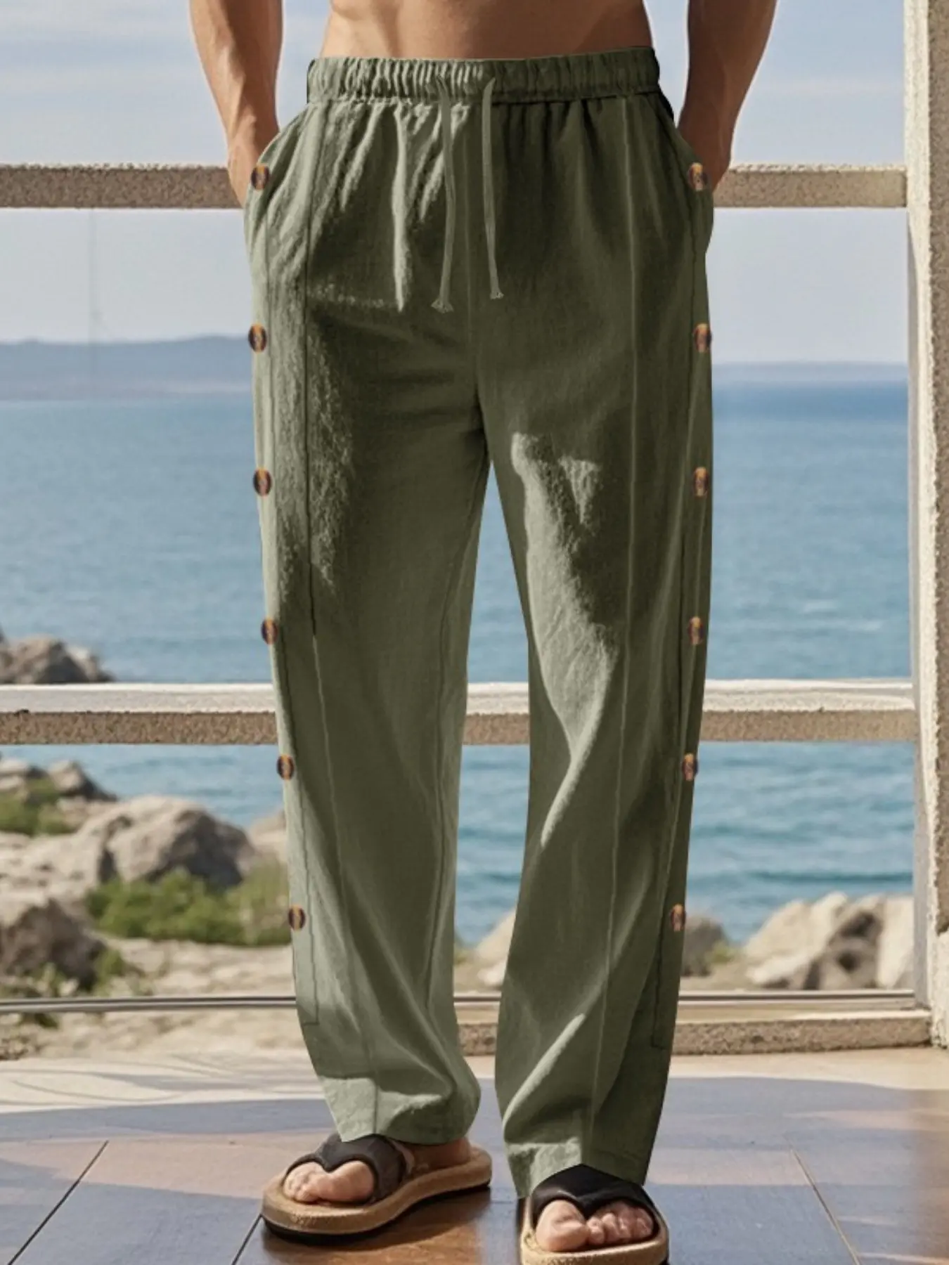 2026 Spring/Summer New Men's Linen Wide Leg Pants - Side Button