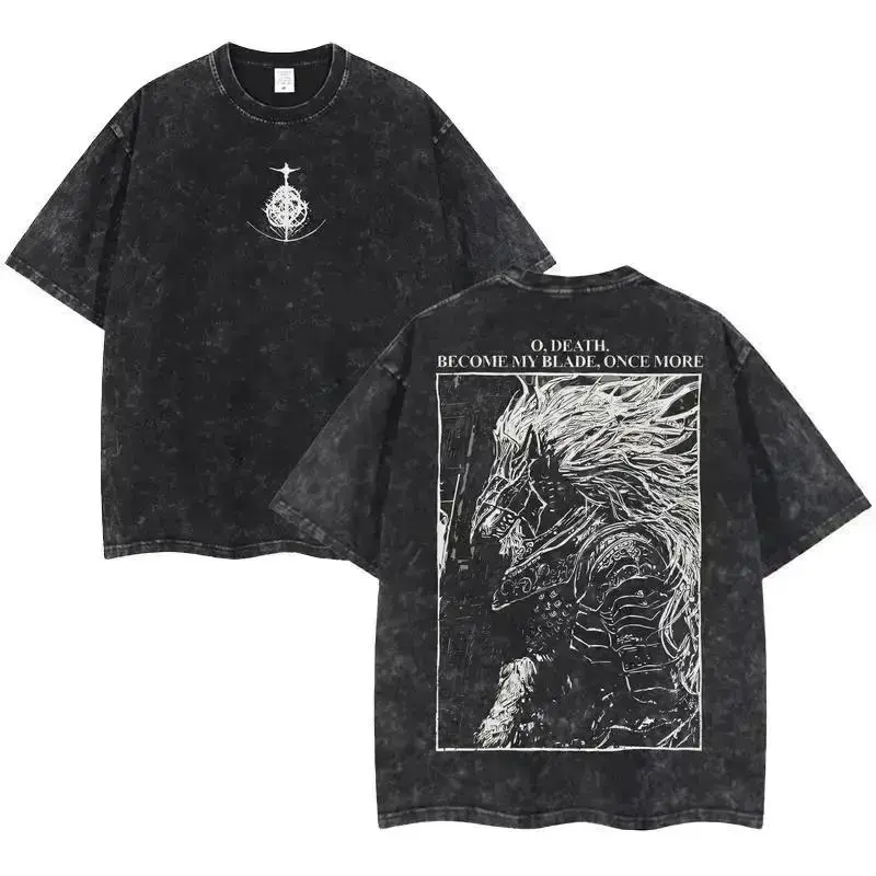 Men's Maliketh Elden Ring Double-Printed Oversize Tee - Pure Cotton Menswear Round Neck Short-Sleeve Tshirt, Vintage Distressed Washed Unisex Casual Top, Festive Game Artwork, Multi-Size Urban Streetwear Essential, Shortsleeve