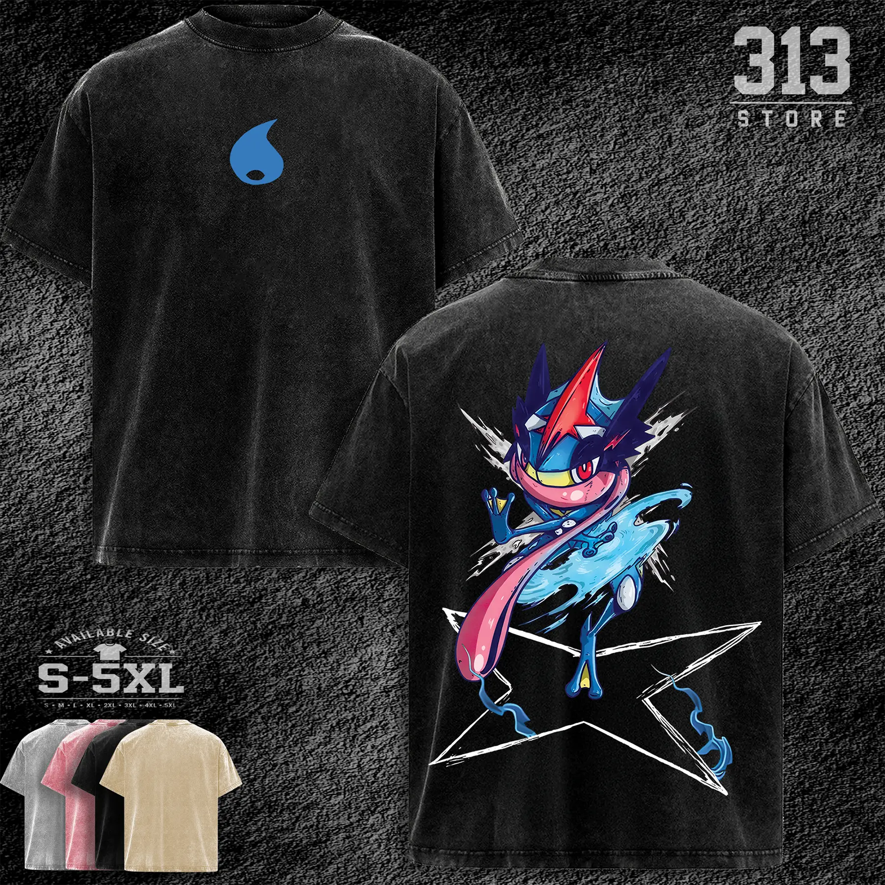 Greninja Mega Gekkou Graphic T-Shirt, Vintage Double Side Washed T-Shirt  Hoodie Unisex, Casual Crewneck 100% Cotton Tee, Menswear Gaming Merch