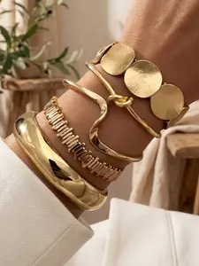 5 Piece Luxury Bracelet Set, Wide Band, Knot Design, Hammer Texture, Vertical Stripes, Hypoallergenic, All Seasons Jewelry