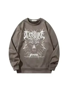 Men's Vintage Suede Graphic Wolf Print Hoodie, Casual Fashion Round Neck Pullover, Trendy Relaxed Fit Long Sleeve Top Sweatshirts for Daily Wear