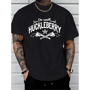 Men's "I'm Your Huckleberry" Pattern T-Shirt - Casual Black Cotton T-Shirt with Crossed Revolver Design, Short Sleeve, Crew Neck, Summer Fit,Large Fabric Menswear graphic tee hell star men gifts graphic t-shirts ivan cornejo merch Loose Sleeved Streetwear