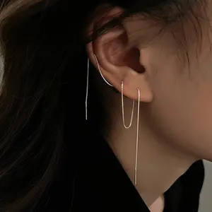 1pair Minimalist Silver Threader Long Stud Earrings with Tassel Chain for Women - Ear Line Accessories Gift