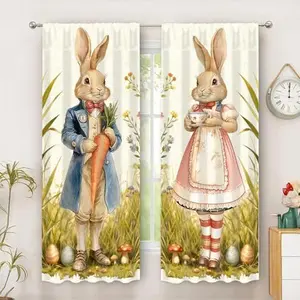 Easter Kitchen Curtain, 2 Panels Retro Personified Rabbit Pattern Long Curtains, Spring Bunny Window Treatment Drapes Farmhouse Home Decor for Living Room Bedroom Windows, 59 x 24 Inch