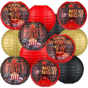 12 count Movie Night Party Decorations Theme  Paper Lanterns with Popcorn Trophy Microphone Film Reel Lanterns Decorative for Movie Night Theater  Carnival Birthday Party