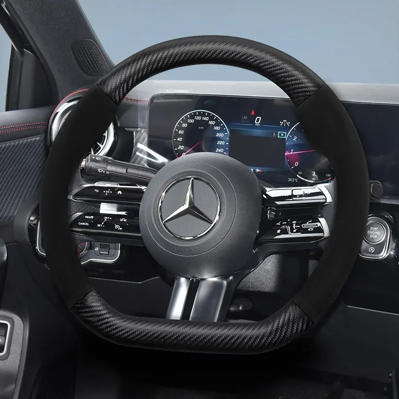 For Mercedes-Benz carbon fiber leather suede steering wheel cover accessories, Automotive, suitable for models such as GLC, GLE, C-Class, CLE, A-Class, CLA, GLA, GLB, E-Class, S-Class, Maybach, GLS, available in black, red, brown, mocha