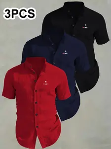 3-Pack Men's Summer Short Sleeve Shirts, Breathable Solid Collar Button-Up, Ideal for Beach Pool, Casual Swimwear, Perfect for Summer
