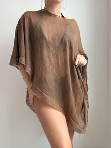 Women's Solid Sheer Asymmetrical Hem Cover Up, Casual Round Neck Cover Up for Beach Holiday Vacation, Ladies Swimwear for All Seasons, Swimsuit Cover Ups, Beachwear Cover Up