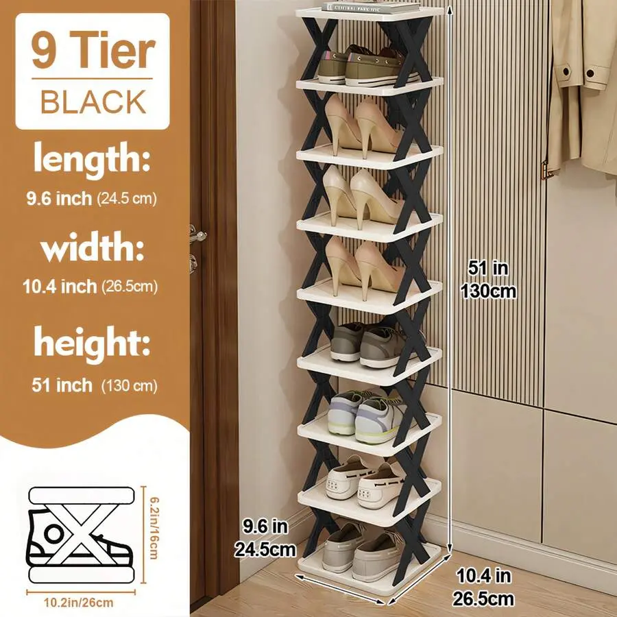 9-Tier Sturdy Narrow Entrance Plastic Vertical Shoe Rack with Independent Boxes, Space-Saving, Easy-to-Install Indoor Storage Shelf for Shoes, Clothes