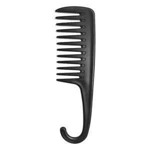 Wide Tooth Shower Comb with Hook - Premium Tangle-Free Black Comb for Curly Hair (Wet & Dry Use) + outdoorfun Easy Stretch Clip-In Ponytail Extension