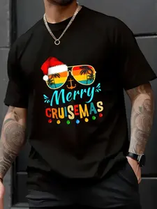 100% Cotton Merry Cruisemas 2025 Christmas Santa Reindeer Cruise T-Shirt, Graphic T Shirts - Printed Short Sleeve T-Shirt Top