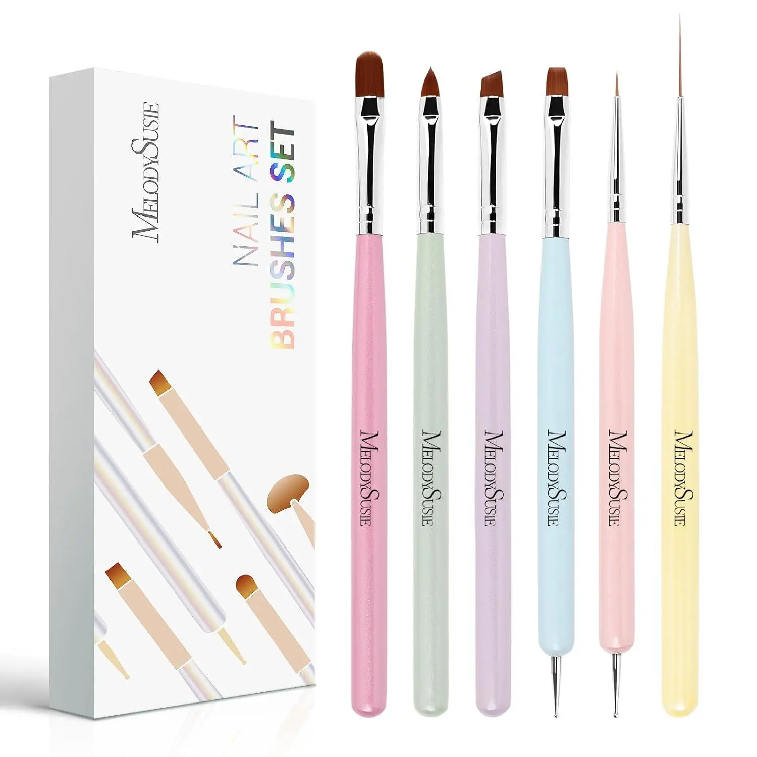 6Pcs Multi-Pack Smooth Lightweight Bristle Nail Art Tools Set - Includes Extension Gel, Polish, Builder, Liner, Carved Tools, Dotting Pen, Brush Cleaner, Ideal for French Nails Home DIY Use