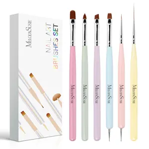 MelodySusie 6Pcs Smooth Lightweight Bristle Nail Art Tools Set - Includes Extension Gel, Polish, Builder, Liner, Carved Tools, Dotting Pen & Brush Cleaner, Ideal for French Nails Home DIY Use