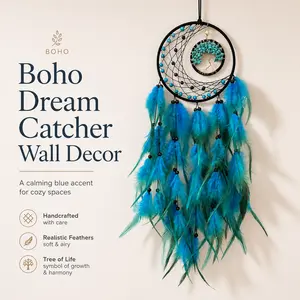 Handmade Blue Tree of Life Dreamcatcher - Bohemian Feather Wall Hanging with Turquoise Beads, Renter-Friendly Hanging Decor, Stylized Home & Bedroom Decor, Unique Gift