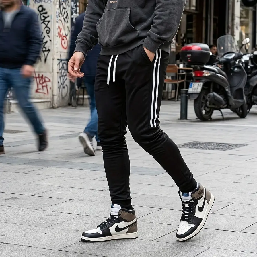 Classic stylish white striped men’s athletic long pants for outdoor sports, running, and fitness; solid-color casual joggers/sweatpants